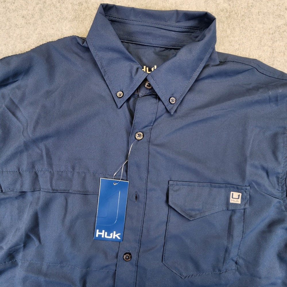 NEW HUK Mens Medium Tide Point Long Sleeve Button Down Shirt Blue